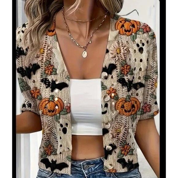 Womens 1X Halloween Crochet Cardigan V-Neck Button Front Crop Sweater TikTok - Picture 1 of 4